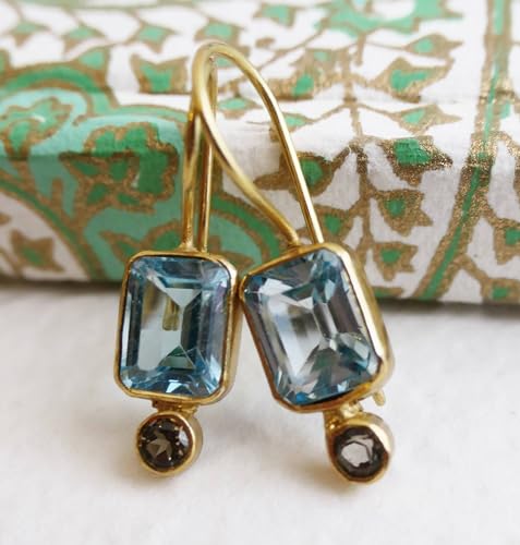 Blue Topaz and Smoky Quartz Gold Plated Sterling Silver Drop Earrings - Handmade Mother's Day Jewelry Gift Ideas for Women - Natural Gem Gemstone - Birthstone Birthday Gift (Topaz and Smoky Quartz)3