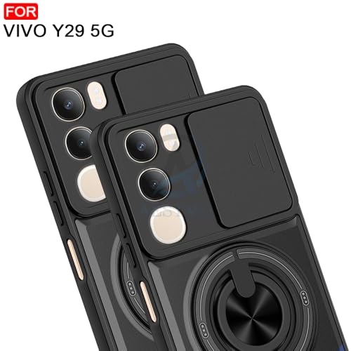 Image of AESTMO Vivo Y29 5G Back Cover | Armor Camera Slider 360 Degree Rotating Finger Ring Holder Case with Bracket Stand Back Case Cover (Compatible with MagSafe Accessories) (Black)