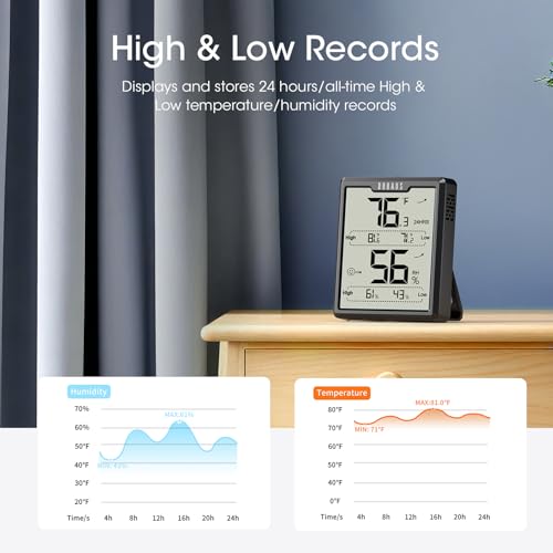 DOQAUS Upgraded Digital Hygrometer Room Thermometer Indoor, Humidity Meter with Large LCD Display, Temperature Humidity Monitor with Max Min Records, Black