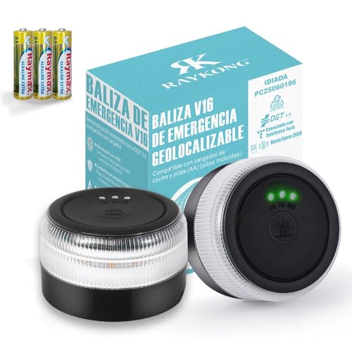 RAYKONG Baliza V16 Geolocalización DGT 3.0 | 2ª Generacion con 3 indicadores LED | Conexíon | Bateria | GPS | Luz Emergencia Coche - Moto Homologado por DGT | SIM y Datos Pagados hasta 2038 | x2 pcs