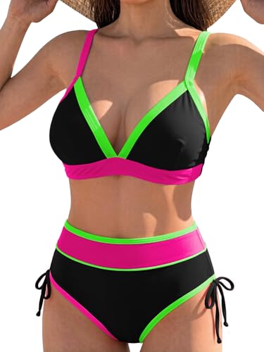 JFAN Traje de baño de Mujer de Dos Piezas Sexy Push up Cuello en V Talle Alto Bañadore Bikini de Conjunto Bloques de Color de Moda Piscina en la Playa,Negro y Verde L