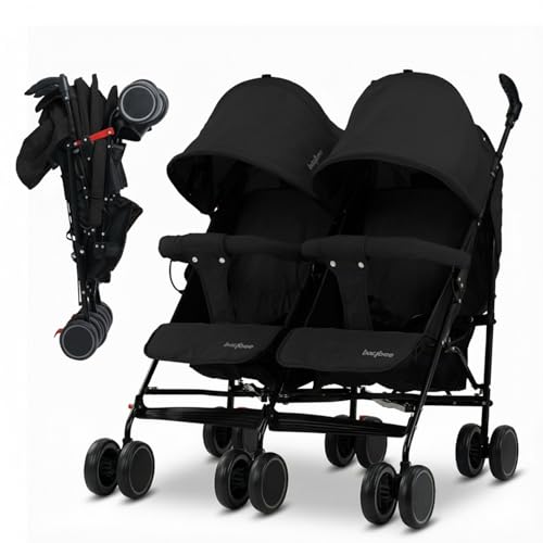 Image of Baybee 2-in-1 Twin Baby Stroller for 0-3 Years | Lightweight Foldable Pram for 0 to 5 Years | Adjustable Canopy, Safety Guardrail, Wheel Lock & Parental Handle | Baby Stroller for Boys & Girls (Black)