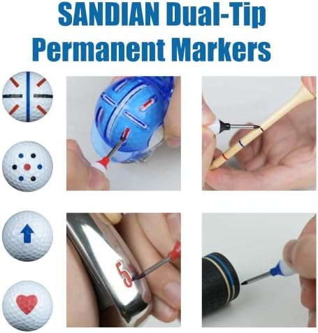 SANDIAN, 6 Pack, Golf Ball Aignment Lines Integrated Permanent Markers, Dual-Tip Permanent Markers, Double Side Nib, Waterproof, Fast-Drying, Anti-Fading, 2 Black 2 Blue 2 Red with Carrying Case Alternate view