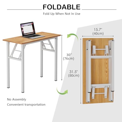 Image of Need Small Computer Desk 31.5 in Folding Home Office Table Teak | White Frame Writing Gaming Work Table /Sturdy Foldable Study Table for Small Space /Dormitory, No Assembly Required