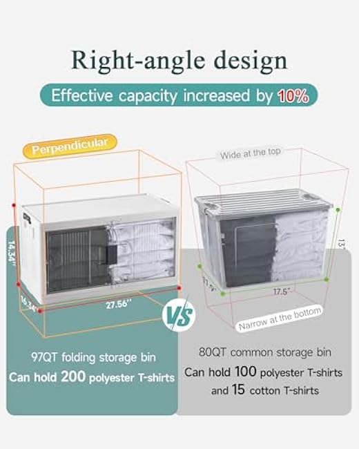 OlarHike 97QT Stackable Storage Bins with Lids - Folding Storage Box with Doors and Wheels, Collapsible Plastic Storage Drawers for Closets, 4 Pack Cubes