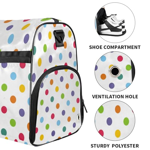 White Gym Bag for Womens Mens with Shoes Compartment, Coloured Dots Duffle Bag for Airplane Sport Gym Tote Bags Yoga Waterproof Weekender Travel Bag3
