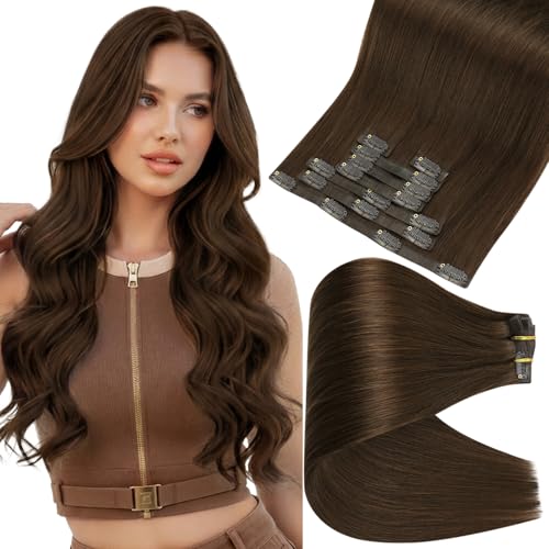 Image of Full Shine Brown Seamless Hair Extensions Clip Ins, 24 Inch 120g | Remy Human Hair, Full Head Coverage with Smooth Length for Versatile Styling, Color 4A Rich Brown,Secure Hold, 8 Pcs