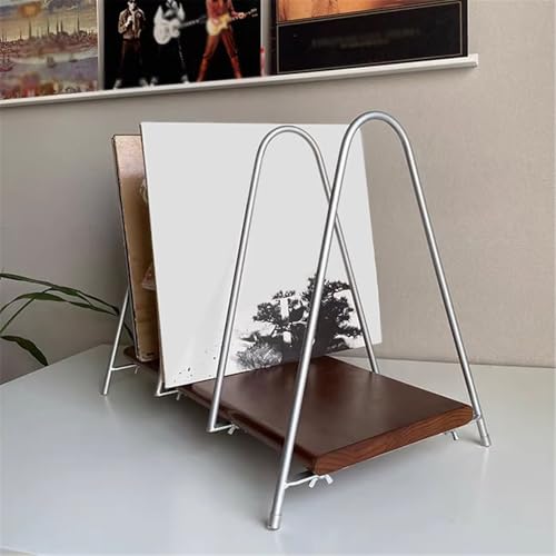 Portadiscos de vinilo de escritorio y estante expositor de madera con metal 5