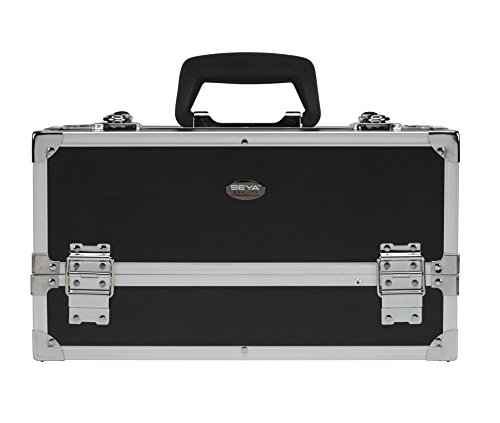 Seya Beauty Pro Makeup Train Case with Dual Tray Removable & Adjustable Plastic Dividers (Black with Silver Trim)