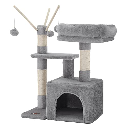 Feandrea Torre para Gato, Árvore com Poste de Sisal e Pelúcia Macia, Arranhador para Gatos com Caverna e Bolas, Cinza Claro, 52 x 33 x 72 cm, BRPCT121W01