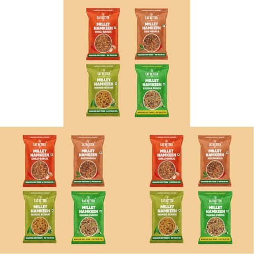 Image of Eat Better Co - Millet Namkeen Combo - Four Flavours - Desi Masala, Mango Achari, Pudina Punch and Chilli Garlic - 4 * 32 grams - Healthy Snacks for Adults Combo 128gm (Pack of 3)