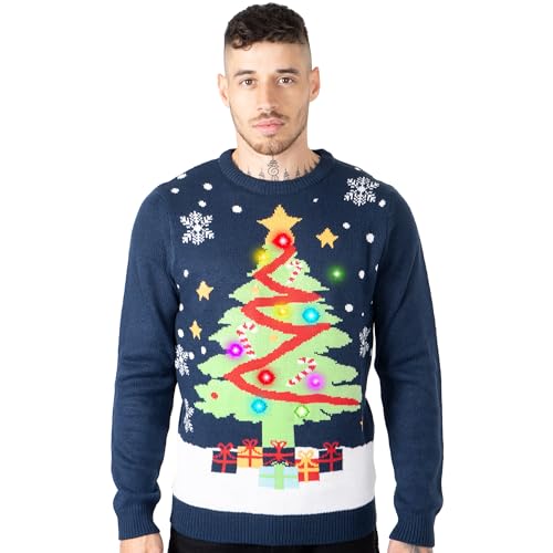 NOROZE Mens LED Christmas Jumper Unisex Gift Tree Elf Santa Xmas Sweater Pullover Top (M Xmas Tree Gift Navy)