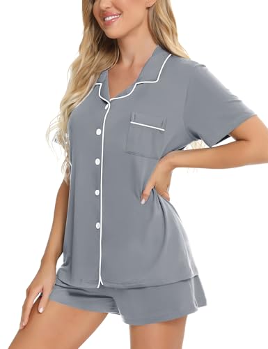Image of SWOMOG Womens Button Down Pajamas Set Short Sleeve Sleepwear Bride Soft Pj Lounge Sets XS-3XL