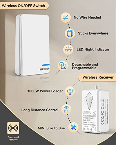 Wireless Switch And Receiver Kit, Electop Mini Multi Way Remote Control Light Switch, No Wire, 1300 Ft Long Range Wireless Panel Switch For Led Bulbs, Ceiling Lights, Lamp, Fans #TOP3