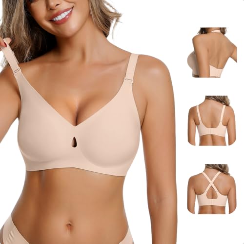LUCKMEEY Bras for Women No Underwire Wireless Bras Removable Straps (U/Halter/Cross) Push Up Seamless T-Shirt Bra Caramel