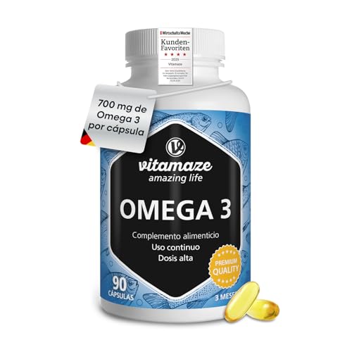 Vitamaze® Omega 3 1000 mg por Capsula, Puro Aceite de Pescado con 400 mg (40%) EPA y 300 mg (30%) de DHA por Cápsula para 3 Meses, FOS Certificado, Calidad Alemana