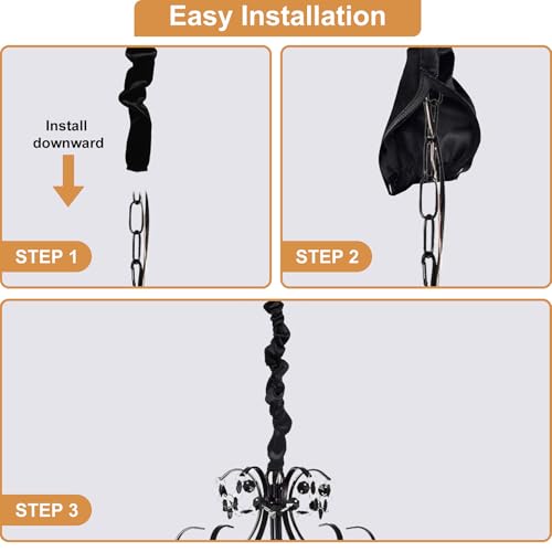 Image of Chandelier Chain Cover 2 Pack Touch Fasteners Black 3.28 Feet Brushed Polyester Fabric Chain Sleeve for Chandelier Cord Cover Decorative Cord Hider Easy Install