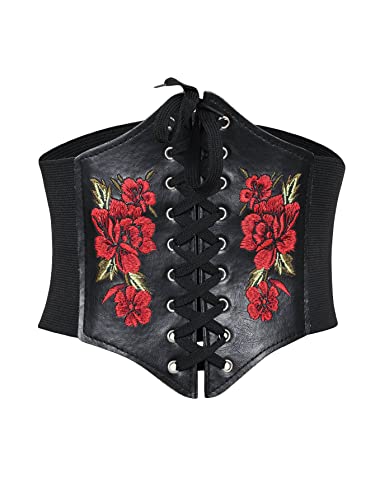 Floerns Women's Lace Up Floral Embroidery Self Tie Elastic Corset Belt