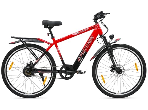 Image of Stryder E Vibe 27.5T Electric Cycle for Men & Women (5.3-6 Ft) 250W BLDC Motor | 36V 8.7Ah Li-ion Battery | Dual Disc Brakes | Front Suspension | USB Charging | with Carrier (Red)