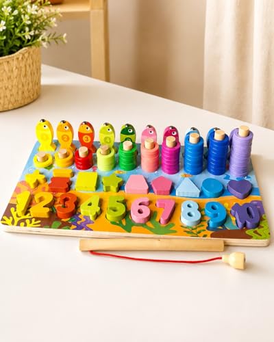 Image of Toywood 6-in-1 Wooden Montessori Learning Board for Kids - Fishing Game, Number & Shape Sorting, Counting Rings, Math Puzzle & Color Matching Educational Toy for Toddlers