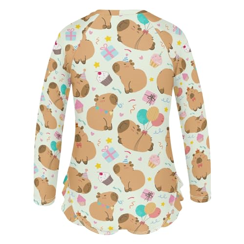 Cute Birthday Party Capybara Green Girls One Piece Rash Guard Swimsuit, Girls Long Sleeve Swimwear for 3-12Y3