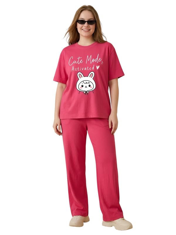 Image of My Swag Womens Nightsuit Set | Cute Bunny Graphic Print T-Shirt & Pajama | Soft Breathable Sleepwear and Loungewear Co-Ord Set for Women