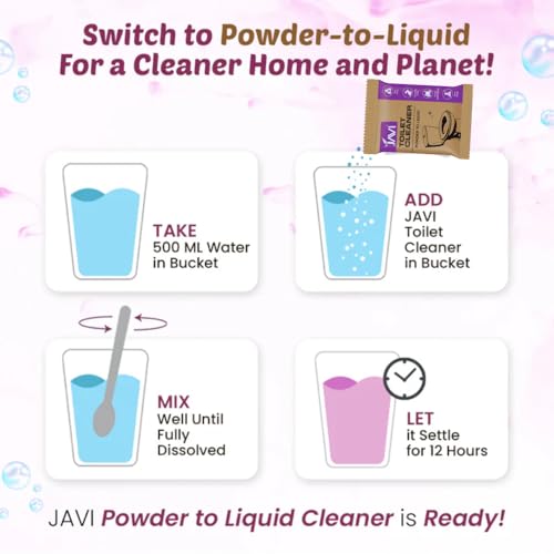 Image of Javi Plant Based Toilet Cleaner | Non-Toxic, Eco-Friendly and Biodegradable | Elimimates Yellow Stains Limescale & Germs | Plastic free Packaging | Powder to liquid | 4Sachet = 2lit