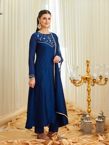 Image of MOKOSH Women's Silk Hand Work Anarkali Kurta Pant with Dupatta | Anarkali Kurta Pant | Embroidered | Round Neck Full Sleeve | 3 Piece Outfit | Ethnic Wear