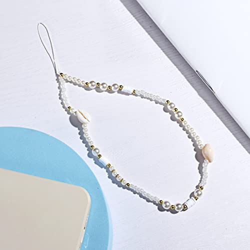 Fycyko Compatible avec Bijoux de Telephone Pendentif Chaîne de Portable Dragonne Anti-Perte Lanière en Perles Coquille pour Femmes-Blanc-K