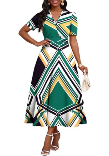 Image of MarryUP Women's Midi Dresses - V Neck Cocktail & Church Tea Dresses - Short Sleeve A-Line Swing Dress