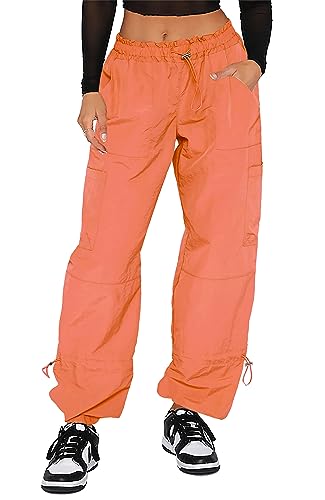 Waitfairy Cargo Pants Women Drawstring Elastic Waist Baggy Parachute Pants Woman Y2K Bottoms with Multiple Pockets Rust Orange M