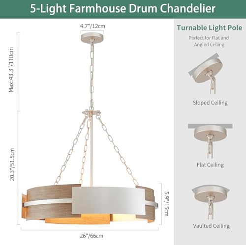Avzkcy Rustic 26" Drum Chandelier 5-Light in Nickel with Oak-Like Finish by Avzkcy - Used condition - Image 2