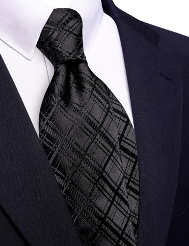 Image of Barry.Wang Plaid Ties Mens Silk Necktie and Tie Clip Checkered Tie for Wedding Party Business Formal