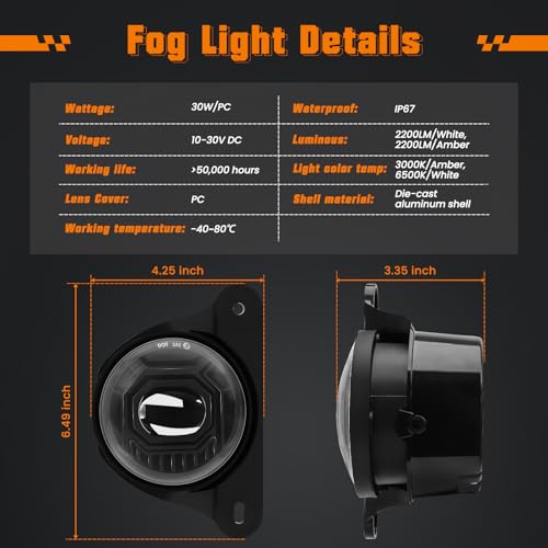 Image of White /Amber LED Fog Lights for 2013-2024 Jeep Wrangler JK JL 10th 75th Anniversary Edition Hard Rock Bumper, 2PCS DOT Approved 60W Dual Color Fog Lamps Assembly Kit Replacement