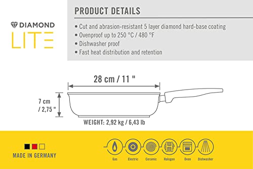 Woll Diamond Lite Diamond Reinforced Non-Stick, Anti-Corrosion, Cut-Resistant, Light Weight Fry Pan With Clear Lid, 11-Inch, Made In Germany #TOP5