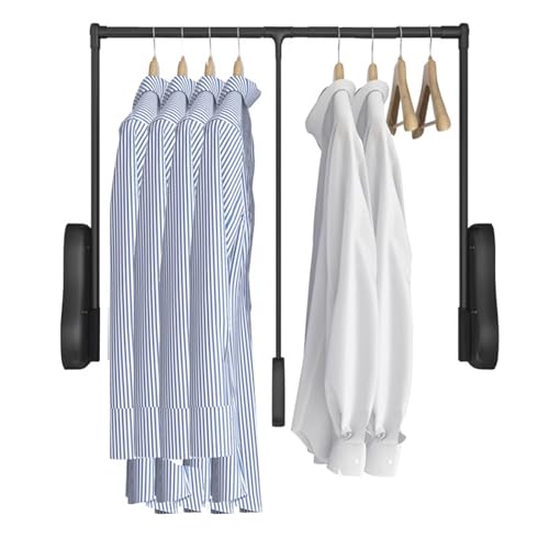Image of Pull Down Closet Rod for Hanging Clothes, Wardrobe Lift Rail Aluminum Alloy Organizer, Side Mounted Closet Rod for Kitchen Bedroom High Cabinets, 66 lbs Load Capacity (Black, 25.6 inch-33.4 inch)