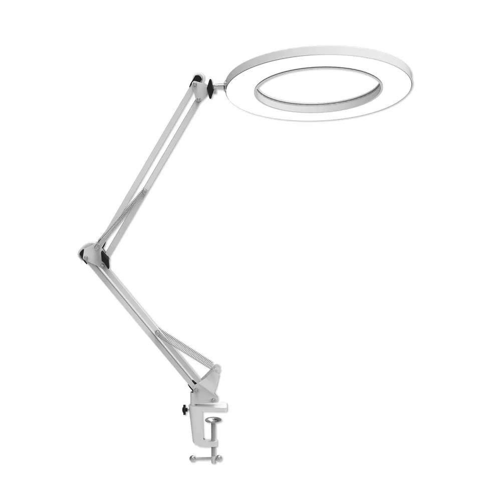 Lámpara de mesa, lámpara de mesa Lámpara de escritorio con brazo oscilante LED Lámpara de mesa de 7W Metal con abrazadera Atenuación continua Anillo de lupa Luz de lectura 3 Temperatura de color