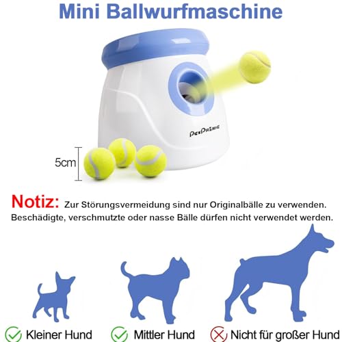 Pet Prime Automatischer Ballwerfer, Hunde Ball Interaktive Ballwurfmaschine, 3 Tennisbälle Inkl, Interaktive Ballmaschine für kleine und mittlere Hunde - Wurfweite 3-9 Meter, Mini Style(Weiß)