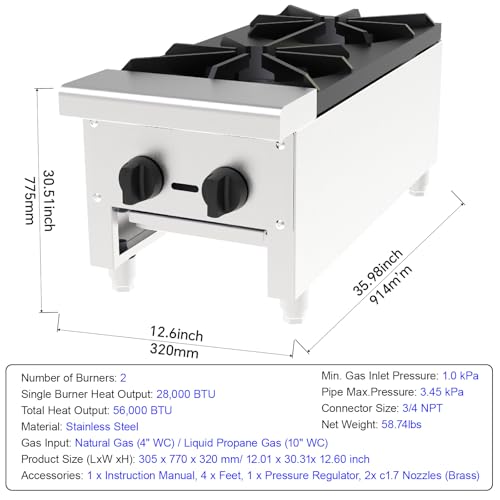 Image of Commercial Countertop Gas Range, 2 Burners Propane and Countertop Natural Gas Range Stove, Stainless Steel Hot Plate, Commercial Cooking Equipment for Restaurant Kitchen, 56,000 BTU