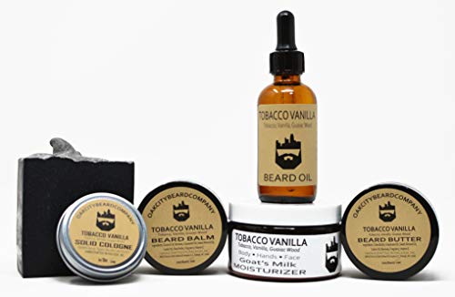 OakCityBeardCo. - Tobacco Vanilla - Combo Set - Solid Cologne - Beard Oil - Beard Butter - Beard Balm - Body Moisturizer - Activated Charcoal & Clay Soap