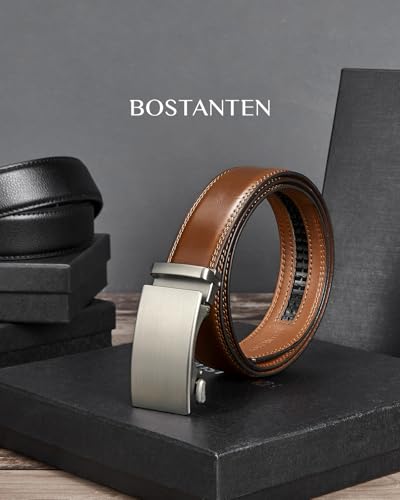 Image of BOSTANTEN Ratchet Belts for Men Leather Trim to Fit 1 3 /8 inch Gift Boxed