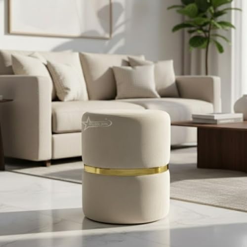 Image of Round Single Strip Upholstered Stool Living Room Foot Rest Linen Fabric Padded Seat Pouf Ottoman Office Stool Cream
