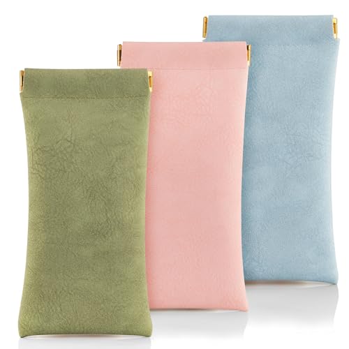 Image of 3 pack leather eyewear case PU soft sunglasses bag squeeze top portable lightweight eyewear case for men and women