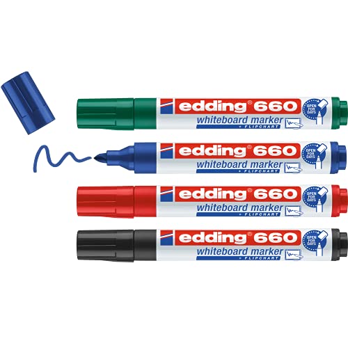 edding 660 marcador para pizarras blancas - multicolor - 4 rotuladores - punta redonda 1,5-3 mm - rotulador para pizarra blanca, borrado en seco - flipchart, tablón de notas - recargable