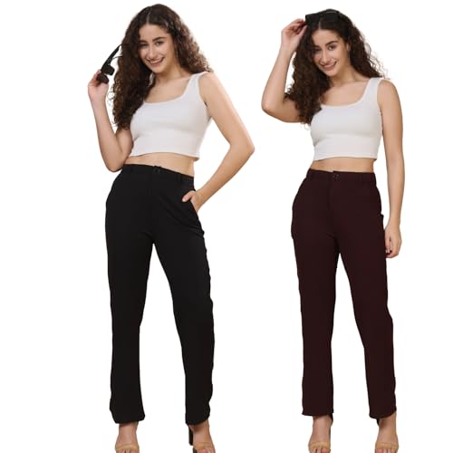 Image of Pack of 2 Women's Regular Fit Solid Cotton Blend Trousers - Soft, Breathable & Stretchable Bottom Wear for Office, Casual Outings & Daily Comfort