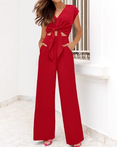 Image of PRETTYGARDEN Women's Summer 2 Piece Outfits 2026 Cap Sleeve V Neck Belted Crop Tops Wide Leg Pant Sets Casual Tracksuit