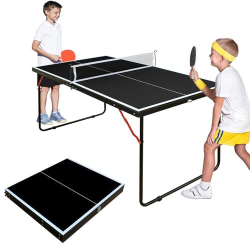 SculPong 4.5FT Ping Pong Table Foldable Table Tennis Table with Net, Paddles and Balls, MDF Multi-Use Family Game Table Assembly Free for Kid Child Teenager Adult, Small Compact Portable Black Table