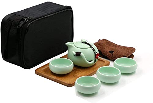 Facaing Ceramic Kungfu Tea Set,Portable Travel Tea Set with Teapot,Teacups,Tea Canister,Tea Tray and Travel Bag,Suitable for Travel, Home,Outdoor and Office Green