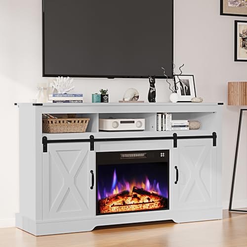 RoyalCraft Farmhouse Fireplace TV Stand, Entertainment Center for 65+ Inch TV with 23' Electric Fireplace, Modern Rustic TV Console with Sliding Bar Door for Living Room, White