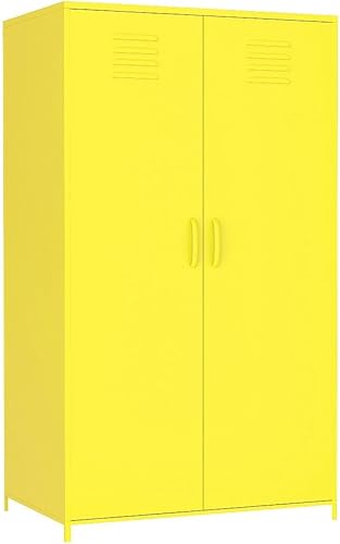 Armario de almacenamiento de acero de 50.78 pulgadas de alto con tres compartimentos y barra para colgar, color amarillo